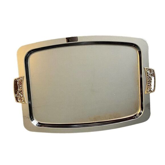 Vintage Kromex 18" Silver Tone Rectangle Serving Tray W/ Handles - Picture 3 of 7